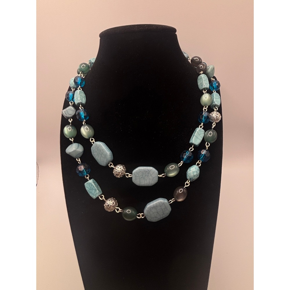Sonoma Life Style Turquoise Blue Beaded Necklace Silver Tone Long 32 Inch